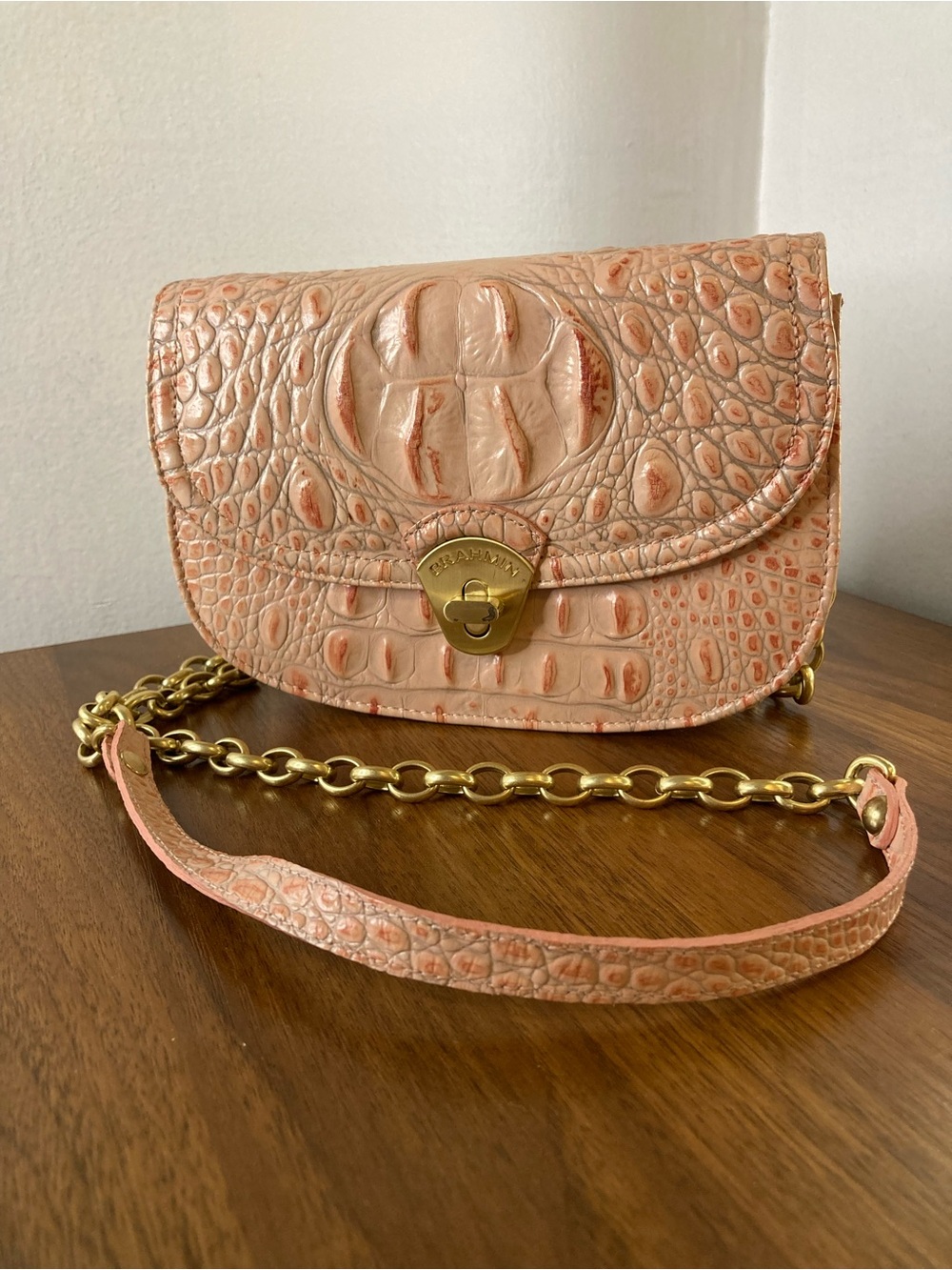 BRAHMIN Portia Pink Peach Croc Embossed Leather Flap Crossbody Bag Chain Strap - Picture 2 of 8
